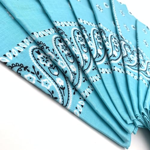 Vamqor 12pcs Bandana for women and men 100% Cotton Custom Fashion Paisley Design Multifunctional Outdoor Square Handkerchief - color: Light Blue