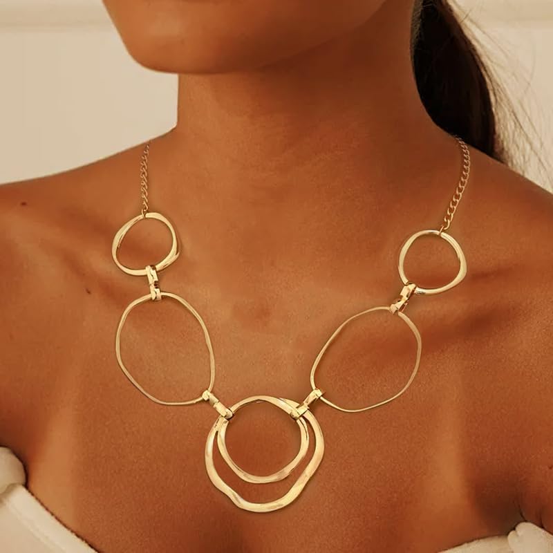 Chunky Gold Statement Necklace for Women, Big Geometric Circle Link Chain Collar Bold Fashion Chunky Trendy Metal Statement Jewelry Gift - color: Gold