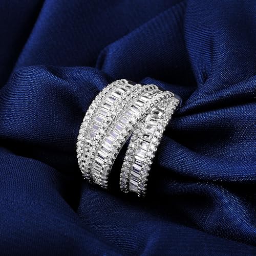 MDFUN 18K White Gold/Yellow Gold Plated Halo Wedding Eternity Ring for Women, 3 Rows Emerald Cut Cubic Zirconia Rings Statement Band Size 5-10 - color: White Gold