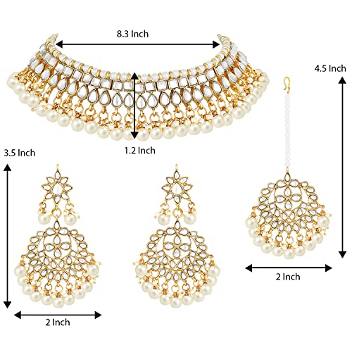 Aheli Faux Kundan Beaded Necklace Earrings Maang Tikka Indian Bollywood Ethnic Jewelry Set Gift for Women - color: White