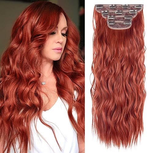 20 Inches Clip in Hair Extensions Double Weft Copper Red Long Wavy Hair Extensions for Women 4PCS Thick Hairpieces Synthetic Fiber (Copper Red) - color: Copper Red