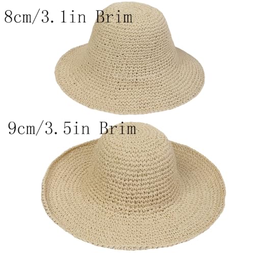Women Straw Sun Hat Summer Beach Hats Foldable Floppy Cap Wide Brim Bucket Hat Solid Handmade Sun Protection Caps - color: Beige-brim3.1"