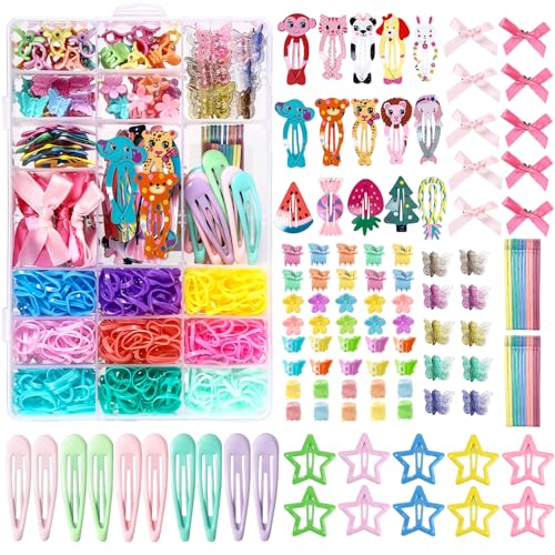 115 Pcs Hair Clips for Girls,900 Pcs Colorful Hair Rubber Bands,Toddler No-Slip Hair Accessories Kit with Animals,Fruits,Butterfly,Snap Clips, Bobby Pins for Baby Fine Hair