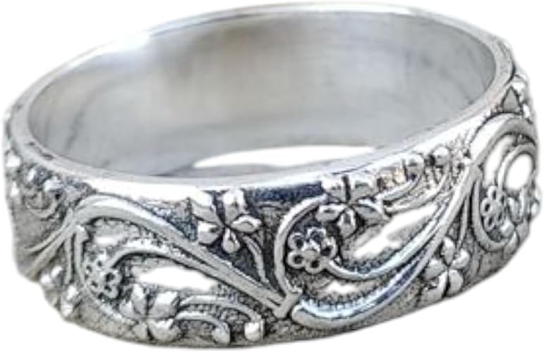 Unique Floral Wedding Band Men Engraved Band's 925 Sterling Silver Flower Design Band Vintage Thumb Ring