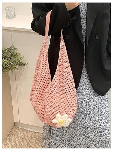 OYOANGLE Women's Floral Applique Crochet Beach Tote Bag Summer Boho Mesh Woven Tote Bag - color: Pink