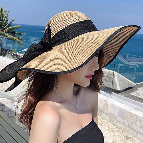 DRESHOW Beach Hats for Women Big Straw Wide Brim Summer Hat Floppy Foldable Roll up Cap Sun Hat UPF 50+ - color: Ac Khaki 5.9" Brim, 1 Pack