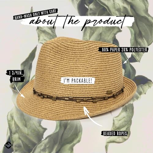 Funky Junque Straw Fedora Hats for Women - UPF 50+ Sun Hat, Short Brim Packable Beach Hat with Woven Pattern - color: Natural Multi W/ Beaded Ropes