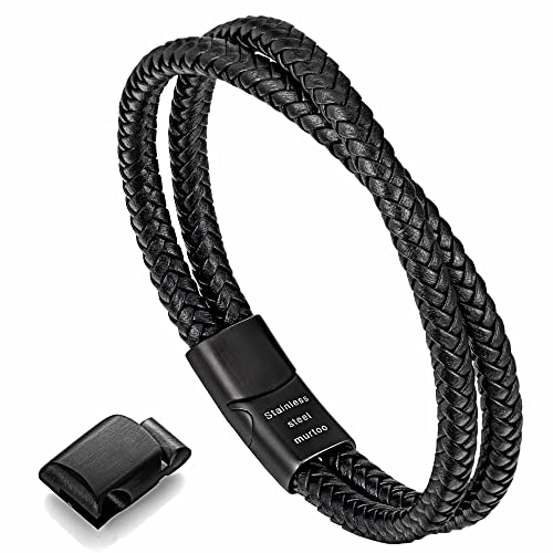 murtoo Mens Bracelet Leather Braided, Brown and Black Leather Bracelet for Men - color: Black, size: 9.25"