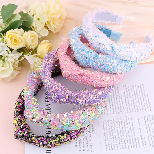 Headbands for Girls Women, 6Pcs Knotted Glitter Sequins Headbands Women Girls Sparkly Top Knot Headband Pink Blue Purple Black Hairbands Hair Accessories for Back to School or Daily Outfits