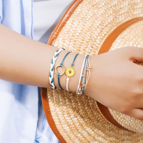 Sunflower Friendship Bracelets Boho Stackable String Bracelets Cute Trendy Gifts for Teen Girls Women - color: Peacock