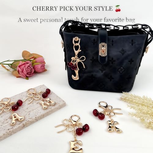 Cute Initial Cherry, Bow, Heart & More Styles - Personalized Keychain Bag Charms & Purse Accessories for Handbags - color: Red Cherry, style: J