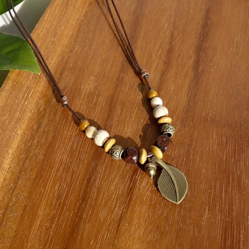 Boho Style Colorful Ceramic Bead Strand Necklace Adjustable Bohemian Jewelry Gift for Women, Fashion Clothing Matching Necklace - color: Beige