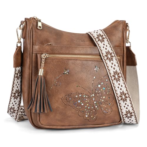 KITEVIUN Medium Crossbody Bags for Women Trendy, Women's Butterfly Shoulder Handbags with Tassel - color: 005-brown