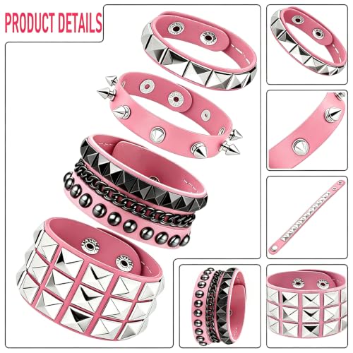 Handmade Black Leather Wrap Studded Bracelets for Women Men, 4Pcs Vintage Punk Wrist Cuff Bangle Wristband Emo Jewelry Gifts - style: Pink Square Stud Style