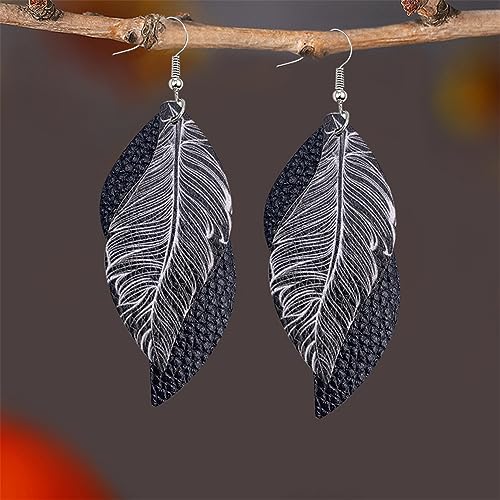ANXIN boho unique Leather Earrings 2 Layered Lightweight Faux Leather Leaf Earrings Layered Design Drop Earrings Gift for Women - color: Black Faux Leather Leaf Earrings