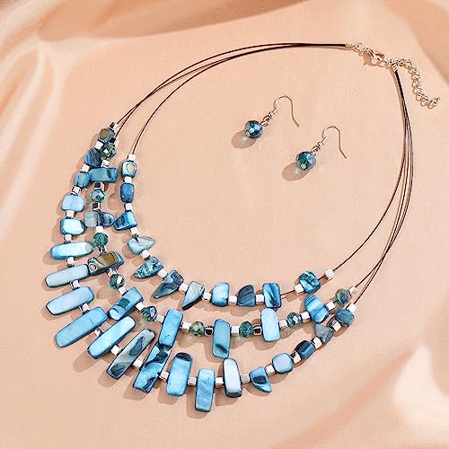3 Layered Chunky Statement Necklace for Women Beaded Strand Necklaces with Earring Fashion Costumes Collar Necklace Jewelry Sets Gifts for Women - color: 50-Peacock Blue