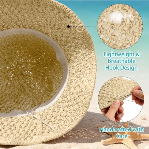 Sun Hat for Women Beach Hat Straw Bucket Hat Summer UV Protection, Packable Breathable Crochet Style - color: 1pack-beige