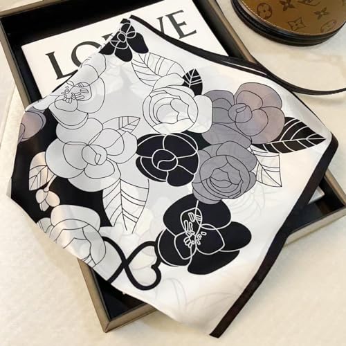 MEISEE 100% Pure Mulberry Silk Scarf 21" Square Scarf Neckerchief Headscarf Breathable Lightweight for Women Gift Packed - color: Black White Flowers