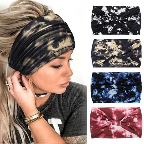 Huachi Tie Dye Headbands for Women Wide Head Wraps Boho Thick Hairbands Large African Sport Yoga Turban Headband Hair Accessories (Pack of 4) - color: Tie Dye 1