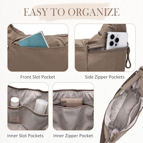 VASCHY Crossbody Crescent Bag for Women, Casual Lightweight Nylon Large Slouchy Hobo Bags Purses for Travel/Gym/Work/College - color: Light Brown