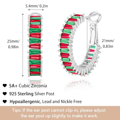 Trendy 14K Gold Plated Hoop Earrings for Women, Chunky Gold/Silver Earrings for Women Cubic Zirconia Baguette Hoop Earrings Heart Hoops Lightweight Hypoallergenic Jewelry,25mm/35mm/40mm/50mm - color: 01 Silver Christmas Hoops 25mm