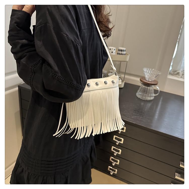 Fringe Shoulder Bag with Studs, Vintage Style Crossbody Purse, Spacious Women's Boho Bag - color: White
