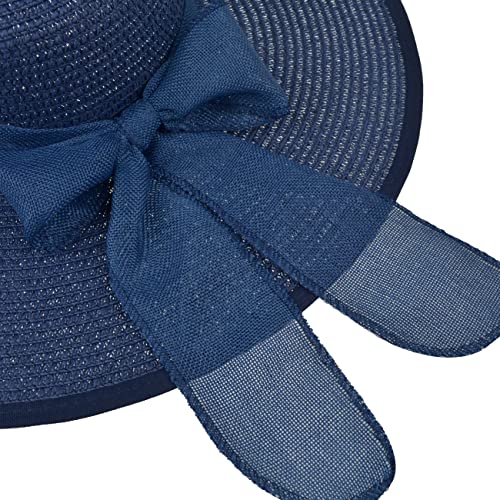 DRESHOW Beach Hats for Women Big Straw Wide Brim Summer Hat Floppy Foldable Roll up Cap Sun Hat UPF 50+ - color: Big Bow / Navy 5.9" Brim, 1 Pack