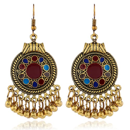 Vintage Boho Statement Drop Dangle Earrings for Women Bohemian Ethnic Handmade Beaded Charms Earring Bohemian Retro Chandelier Tassel Earrings Mexico Gypsy Jewelry Gift - color: Gold Round Red