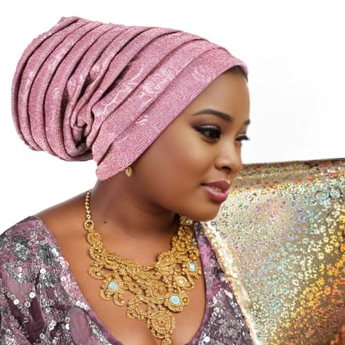 Traditional African Women's Head coverings, Shiny Layered Hats, Nigerian Headscarf, Suitable for Daily wear - color: Pink