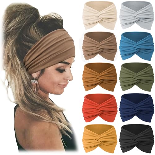 Jesries 10 PCS Women Headbands African Wide Hair Wrap Extra Turban Head Bands for Lady Large Sport Workout Stretch Non-slip Big Hair Bands - color: Caramel