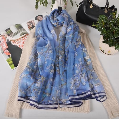 100% Mulberry Silk Women's Neck Silk Scarf-Lightweight Shawl,FLoral Print Beach Silk Wrap-Scarves for Photography - color: Smoky Blue