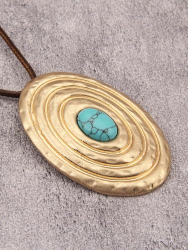 GelConnie Leather Necklace for Women Round Wooden Pendant Long Leather Choker Vintage Sweater Necklace Gold Chunky Boho Necklaces for Women - style: Gold Boho Pendant Necklace
