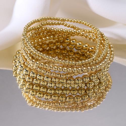 7PCS Layered Beaded Bracelets Set for Women Trendy Stretch Elastic Round Ball Beads Bangles Boho Chunky Gold Stackable Bracelets Dainty Jewelry for Gifts - color: Gold