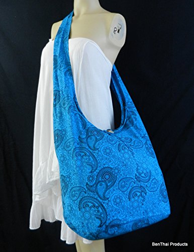 BTP! Thai Cotton Hippie Hobo Sling Crossbody Bag eco Friendly Shopping bag Paisley Print Large - color: Blue