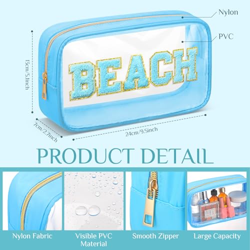 9 Pcs Preppy Clear Makeup Bag DIY Chenille Letter Pouch Large Nylon Makeup Bag Travel Toiletry Zipper Cosmetic Organizer Pouch PVC Bags for Women, 9.5 x 5.1 x 2.8 Inch(Blue Green) - color: Blue Green