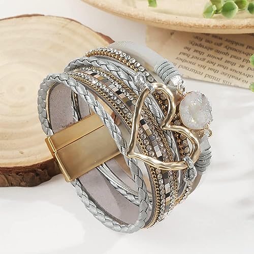 Long tiantian Leather Bracelets for Women Warp Bracelet Stackable Boho Layered Bracelet Chunky Heart Trendy Birthday Gifts for Her - color: B25:2 Layered Bracelets Set for Women(Silver)