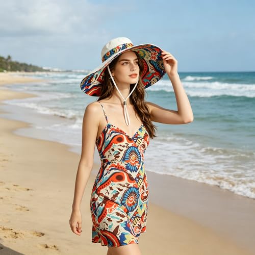 Women's Foldable Floppy Sun Hats Reversible Vacation Beach Cap Summer Wide Brim UPF 50+ Travel Fishing Bucket Hat - color: Beige