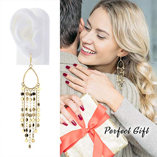 Bohemian Boho Tassel Dangle Drop Earrings for Women – Lightweight Filigree Gypsy Coin Chandelier Disc Charm Hoops – included Gift Box - style: Teardrop - Gold