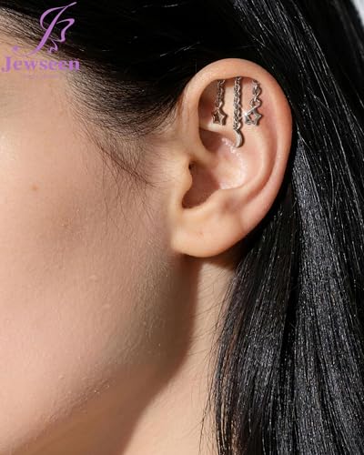 Crescent Moon Star Chain Vertical Hidden Helix Stud Earrings Dangle 316L Stainless Steel Flat Back Threadless Push-Pin Cartilage Rook Piercing Jewelry - color: steel