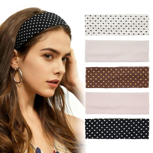 Aranya Vintage Polka Dot Headbands for Women 5pcs – Retro Soft Stretchy Fabric Hair Bands for Everyday Wear & Pin-up Fashion Outfits - color: Vintage Polka Dot (5 Colors)