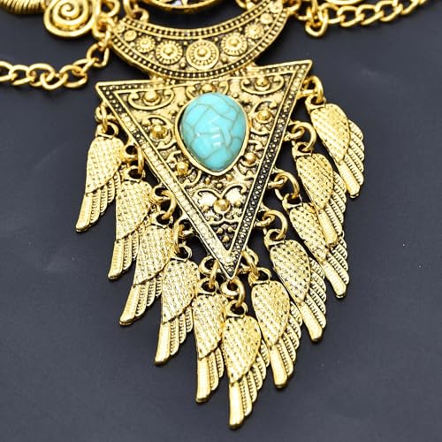 Bethynas Bohemian Ethnic Tribal Chunky Necklace Multilayer Long Tassel Turquoise Statement Neck Chain Retro Coin Gemstone Exaggerated Costume Accessories for Women - color: B-Gold