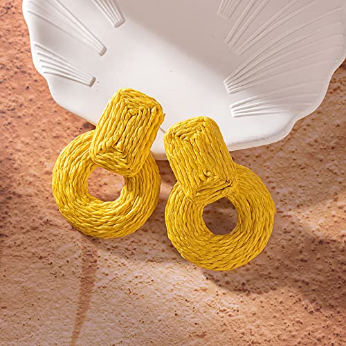 Statement Raffia Earrings Cute Boho Earrings Rattan Dangle Earrings Handmade Straw Wrap Earrings Summer Drop Dangling Earrings for Women Teen Girls - color: Yellow