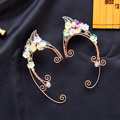Elf Ear Cuffs, OwMell Handcraft Silver Pointed Fairy Elven Cosplay Fantasy Costume Bridal Wedding Earrings for Non Pierced Ears - style: Colorful Flowers