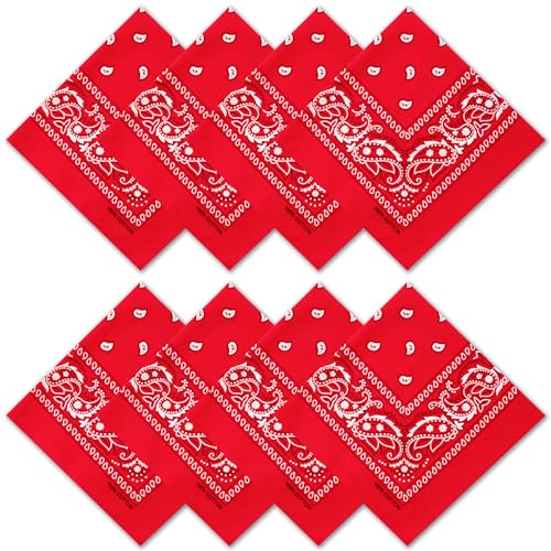Raylarnia 8 PCS 100% Cotton Bandanas, 22 Inchs Multi-Purpose Bandana Scarfs Headbands for Men and Women - color: 8-red