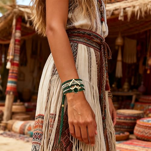 Long tiantian Leather Bracelets for Women Warp Bracelet Stackable Boho Layered Bracelet Chunky Heart Trendy Birthday Gifts for Her - color: B13:Green Leather Bracelets