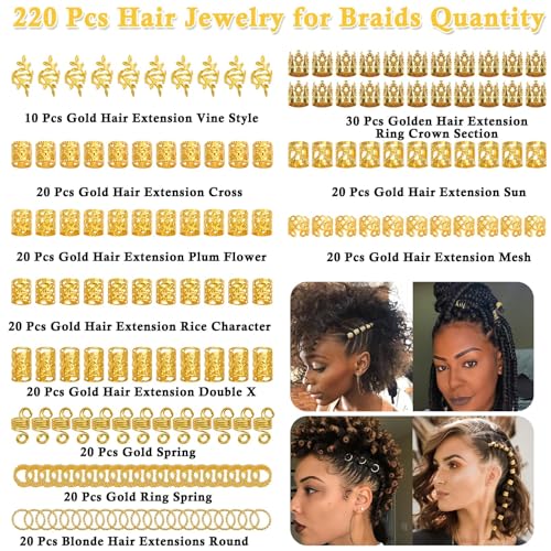 Lucomb 220 Pcs Gold Hair Jewelry for Braids, Loc Jewelry for Hair Dreadlock, Loc Charms for Women, Metal Gold Braid Rings Cuffs Clips for Dreadlock Accessories Clip Braids Extensions Decorations - color: Gold