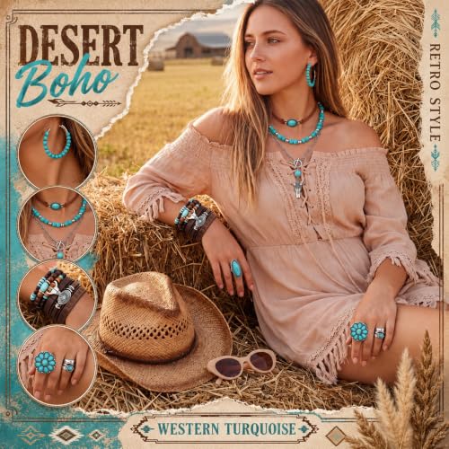 Ecally Bohemian Western Jewelry Turquoise Set Women Country Pendant Long Choker Layered Bracelets Earrings Ring for Women - color: Turquoise, style: Shiny