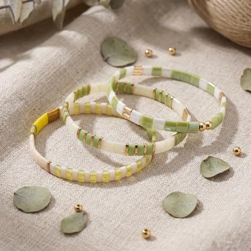 Tila Flat Square Stack Beaded Bracelets Set for Women Men, Boho 3Pcs Romantic Handmade Healing Gold Colorful Stretch Accessories Jewelry, Daily Vacation Party Holiday Friendship Gift - color: Mint Lemon White