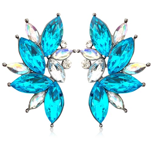 Bohemian Statement Sparkly Colourful Fancy Rhinestone Crystal Flower Dangle Drop Stud Earrings Vintage Wedding Bridal Prom Earrings for Women - color: Lake blue