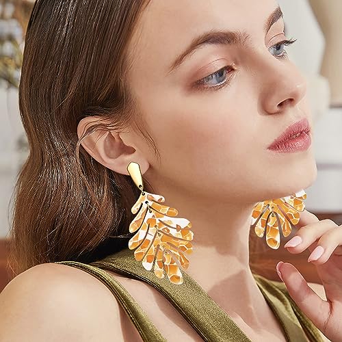 ARATLENCH Acrylic Pendant necklace Earrings – Long Statement Leaf Charm Necklace Tortoise Resin Palm Leaf Earrings Fashion Necklaces Earrings for Women - color: orange earrings